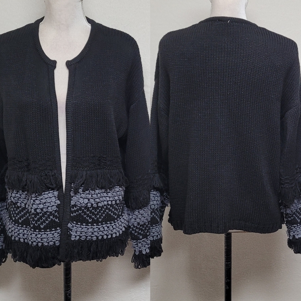 Wonderly Black Gray Zig-Zag Knit Bold Fringe Open Front Cardigan Sweater S NWT